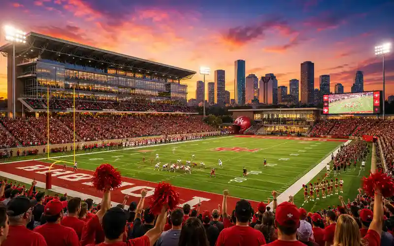 Crowd of football fans cheering inside TDECU Stadium during a college football game in Houston with illuminated field lights, modern stadium architecture, and the Houston skyline at sunset in the background.